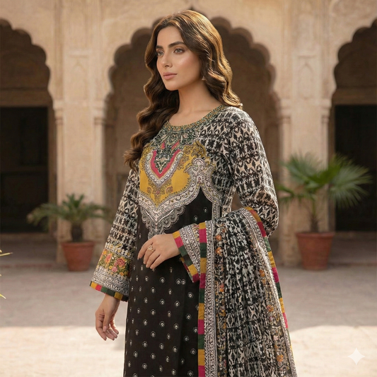 Premium Embroidered Print Khaddar 3-Piece Suit (ZOK-03101)