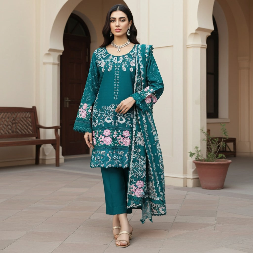 Stylish and Classic Embroidered Khaddar 3-Piece Suit (ZOK-02901)