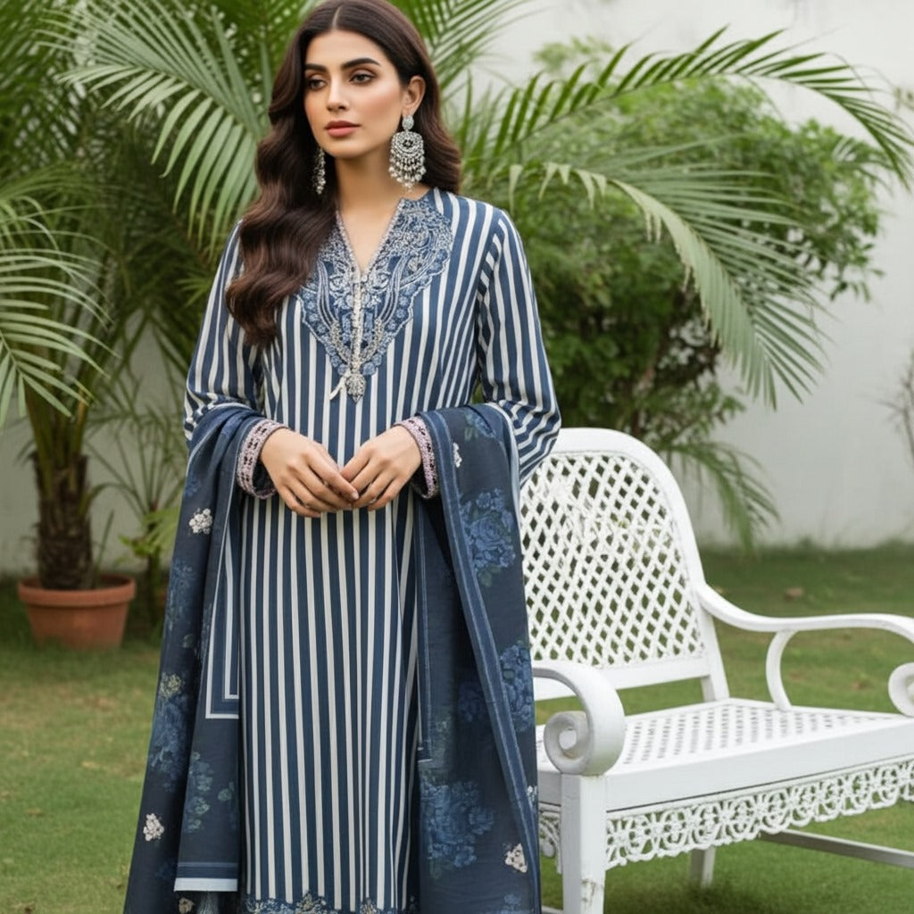 Brand-Inspired Lining Pattern Khaddar 3-Piece Suit (ZOK-02501)