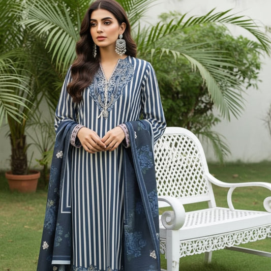 Brand-Inspired Lining Pattern Khaddar 3-Piece Suit (ZOK-02501)