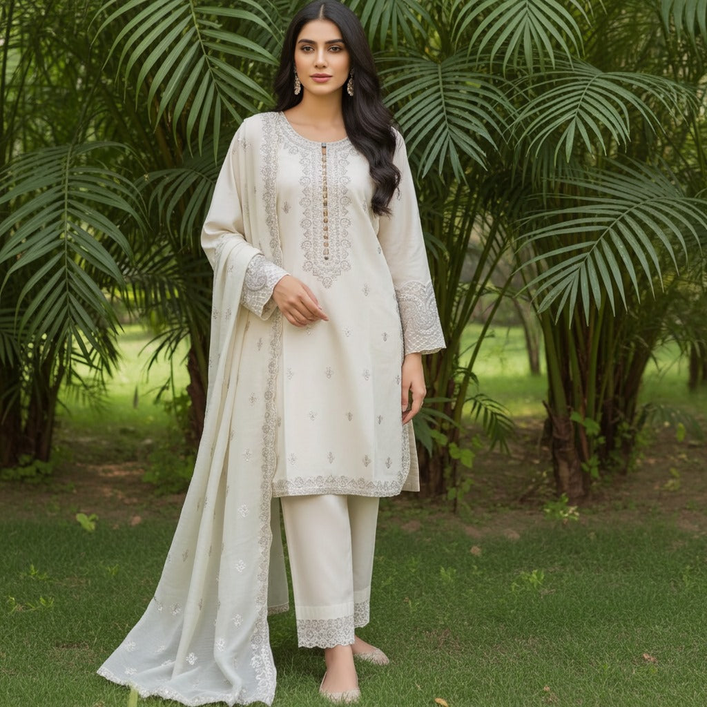 Elegant Embroidered Khaddar 3-Piece Suit (ZOK-03301)