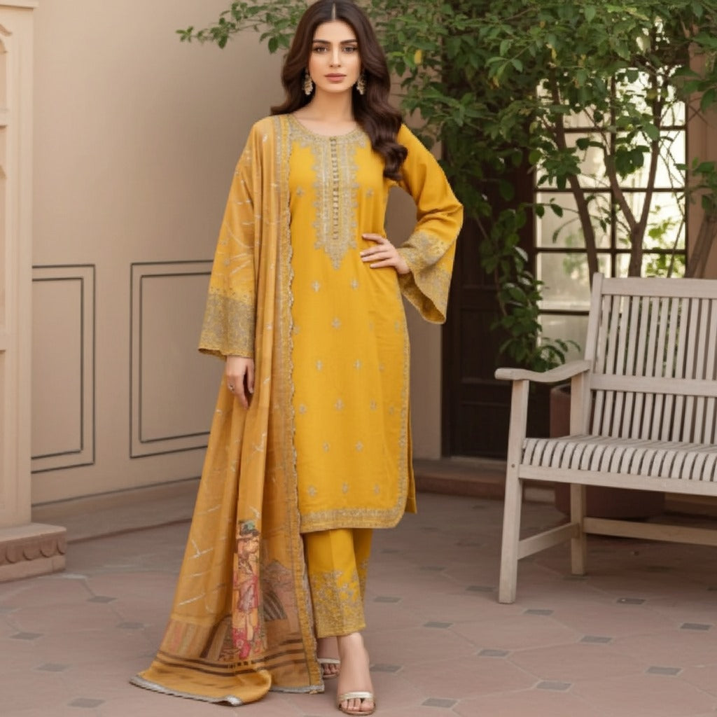 Sophisticated Embroidered Khaddar 3-Piece Suit (ZOK-03303)