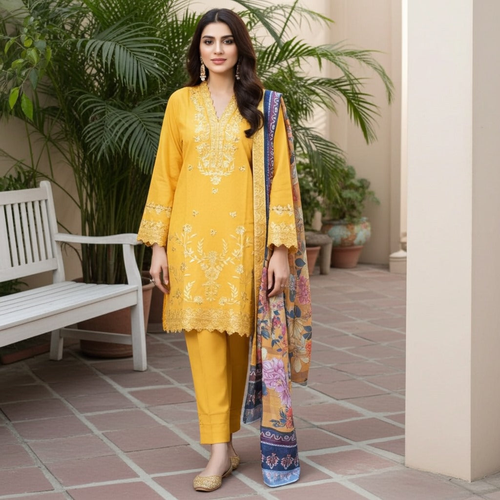 Premium Chicken Boring Embroidered Cotri 3-Piece Suit (ZOK-03504)