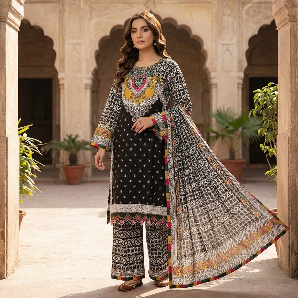 Premium Embroidered Print Khaddar 3-Piece Suit (ZOK-03101)