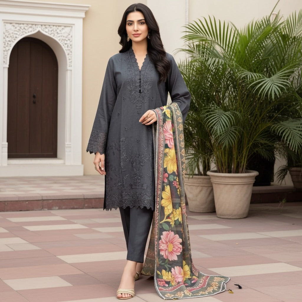 Elegant Chicken Boring Embroidered Cotri 3-Piece Suit (ZOK-03502)
