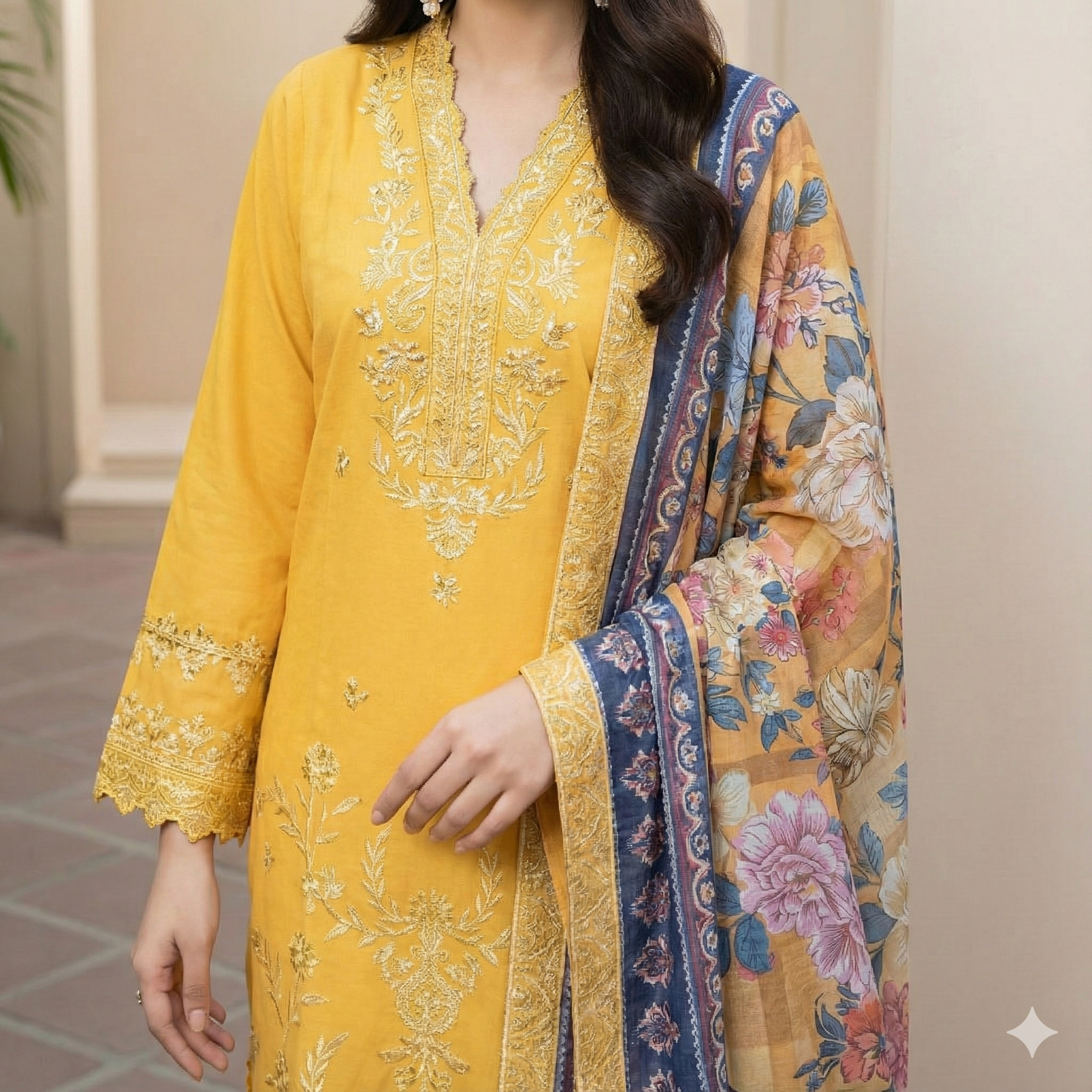 Premium Chicken Boring Embroidered Cotri 3-Piece Suit (ZOK-03504)