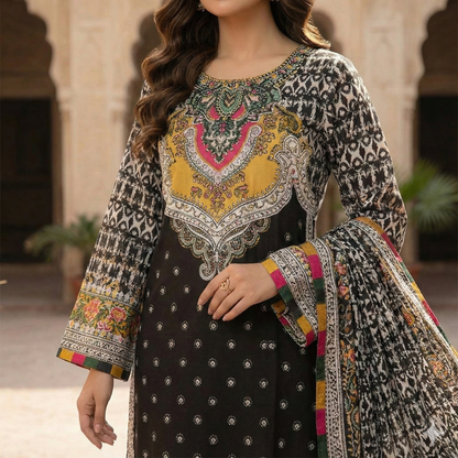 Premium Embroidered Print Khaddar 3-Piece Suit (ZOK-03101)
