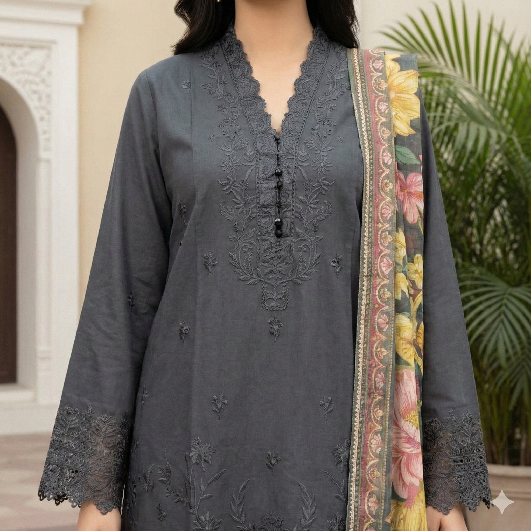Elegant Chicken Boring Embroidered Cotri 3-Piece Suit (ZOK-03502)