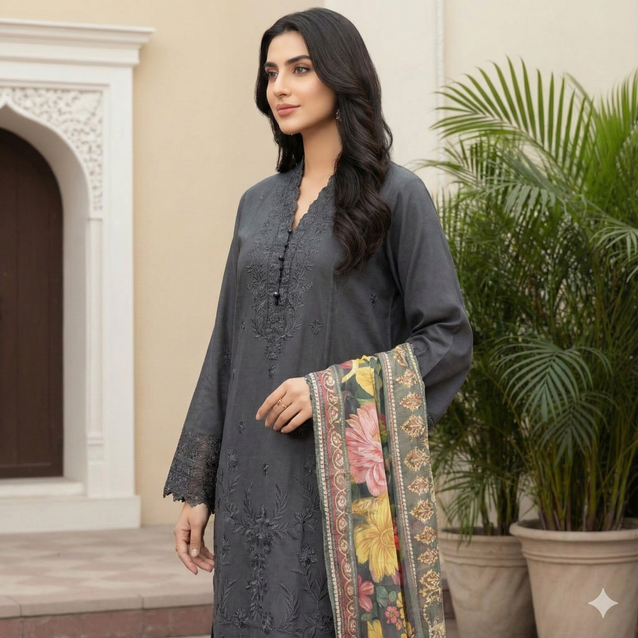 Elegant Chicken Boring Embroidered Cotri 3-Piece Suit (ZOK-03502)