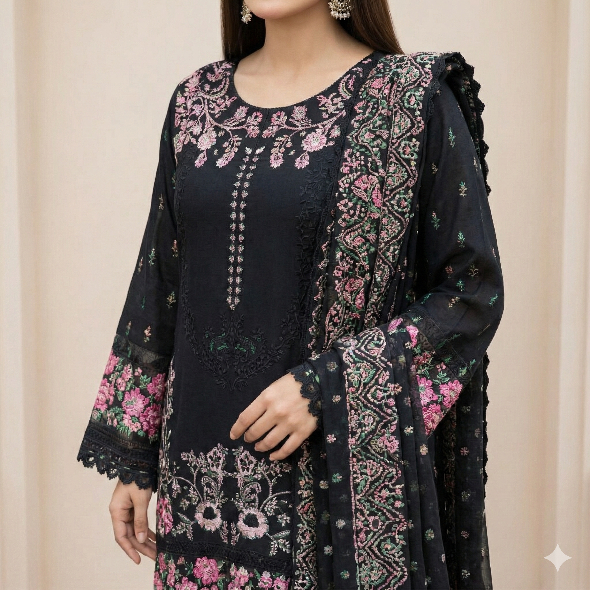 Gracefully Designed Embroidered Khaddar 3-Piece Suit (ZOK-02904)