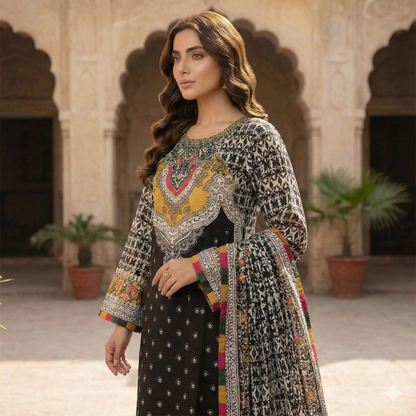 Premium Embroidered Print Khaddar 3-Piece Suit (ZOK-03101)