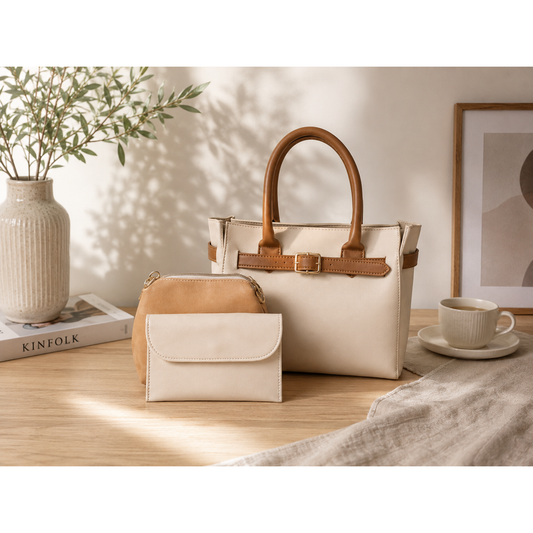 Elegant 3-Piece Women's Handbag Set – Cream & Tan Leather-Look Tote Bag with Wallet and Crossbody Purse