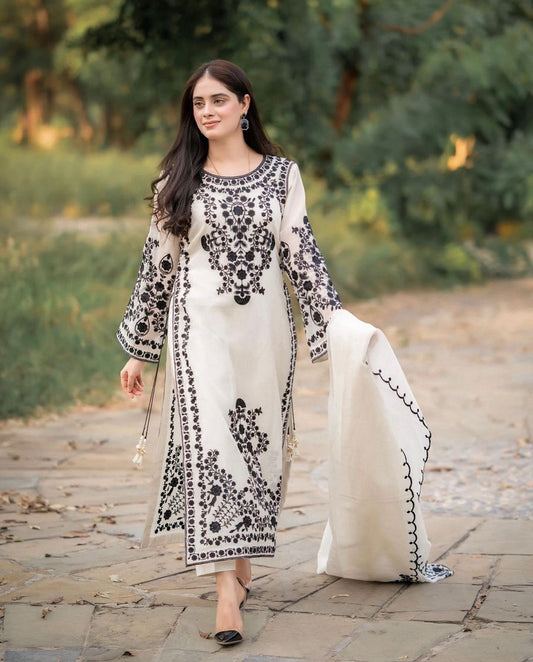 Elegant Snow White Organza 3-Piece Embroidery Suit (ZOK-0201)