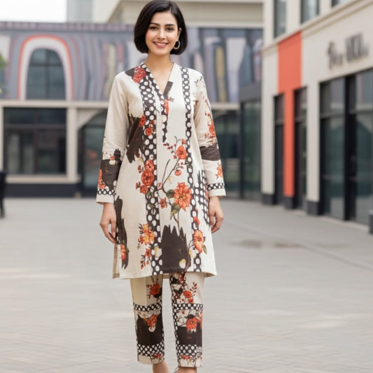 Elegant Printed Silk Coordinated 2-Piece Suit (ZOK-02805)