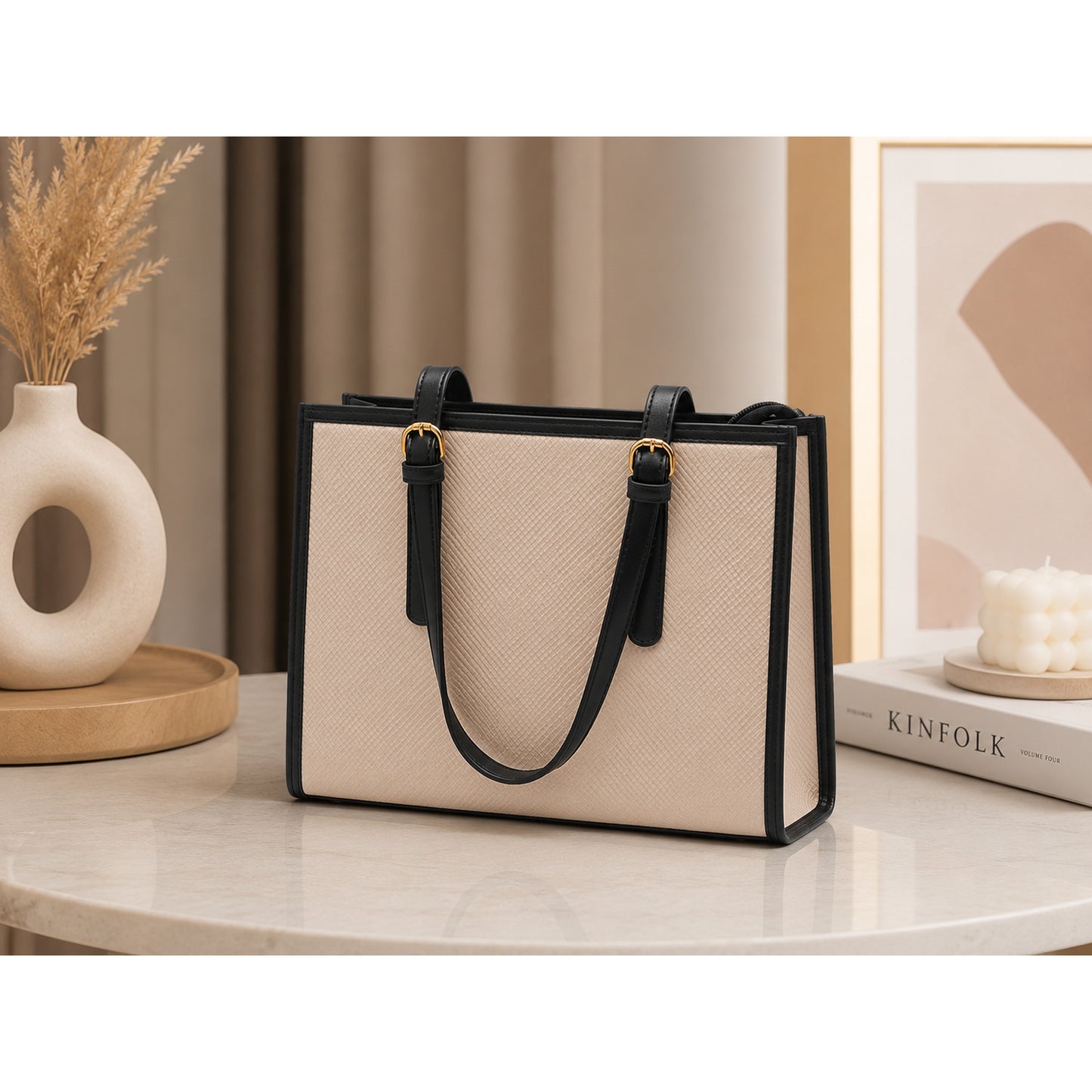 Elegant Beige & Black Structured Tote Bag for Women