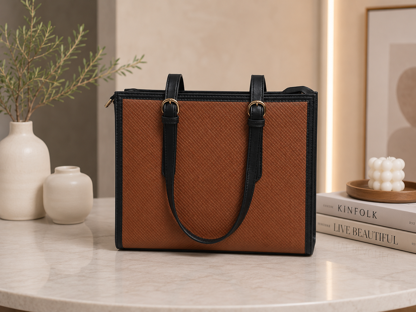 Elegant Dual-Tone Structured Tote Bag – Brown & Black.