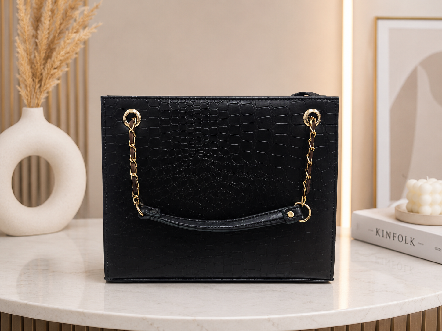 Luxury Black Croc-Embossed Chain Shoulder Bag