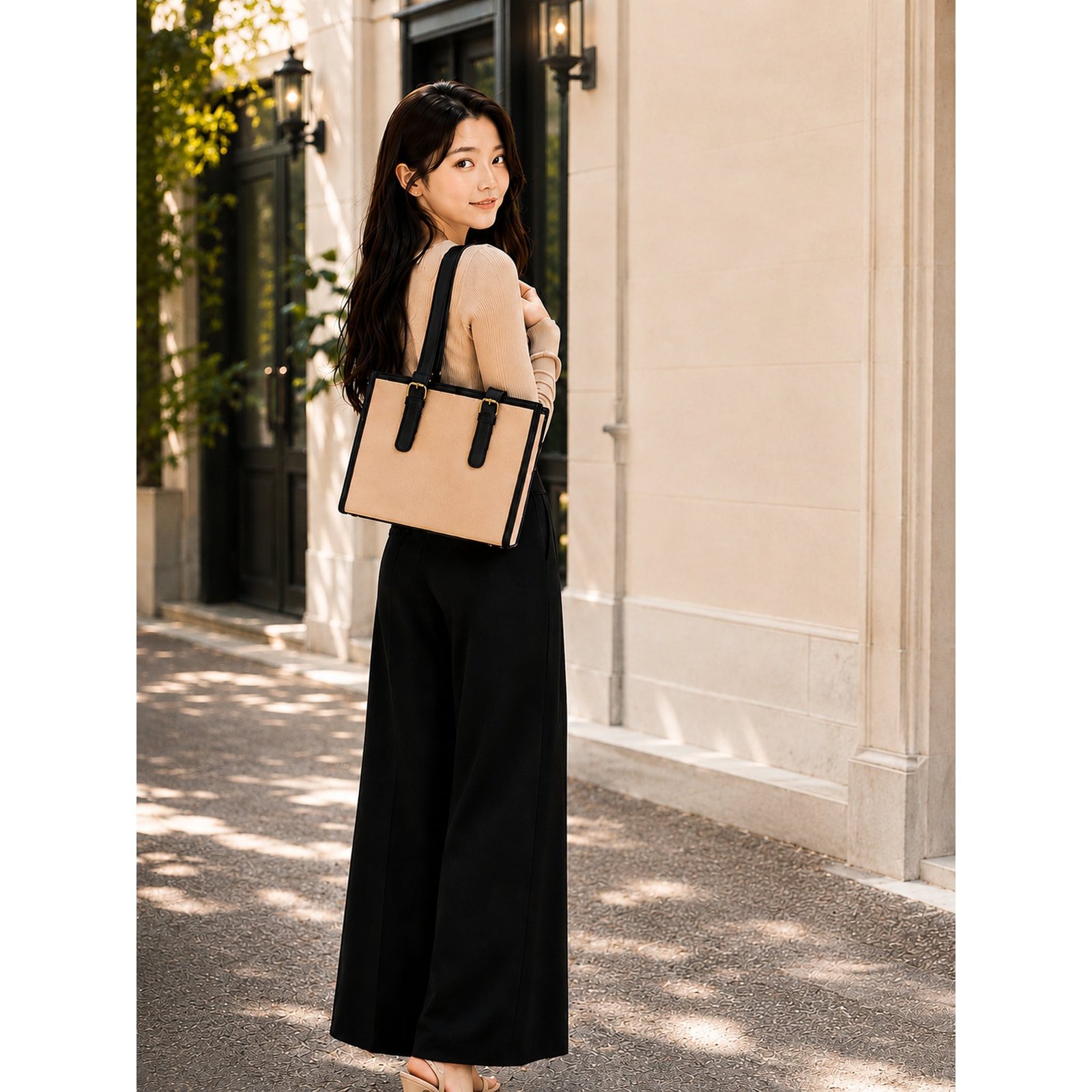 Elegant Beige & Black Structured Tote Bag for Women.